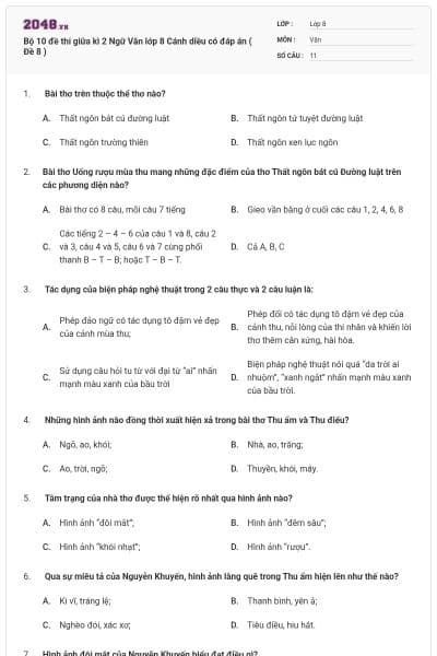 Bộ 10 đề thi giữa kì 2 Ngữ Văn lớp 8 Cánh diều có đáp án ( Đề 8 )