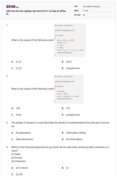 400 Câu hỏi trắc nghiệm lập trình C/C++ có đáp án (Phần 8)