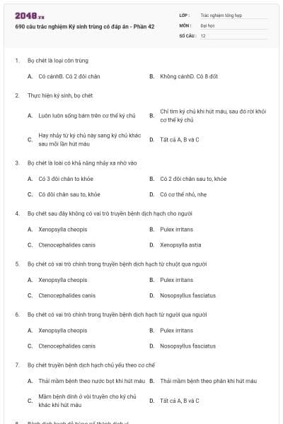 690 câu trắc nghiệm Ký sinh trùng có đáp án - Phần 42
