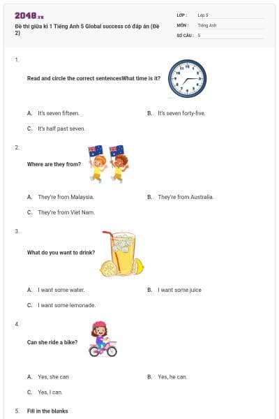 Đề thi giữa kì 1 Tiếng Anh 5 Global success có đáp án (Đề 2)