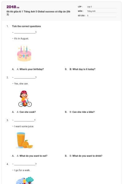 Đề thi giữa kì 1 Tiếng Anh 5 Global success có đáp án (Đề 3)