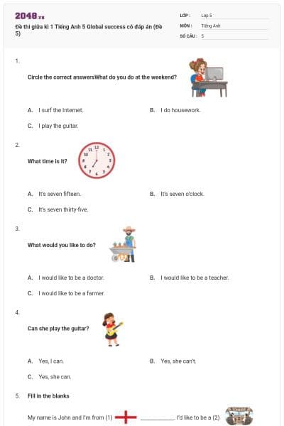 Đề thi giữa kì 1 Tiếng Anh 5 Global success có đáp án (Đề 5)