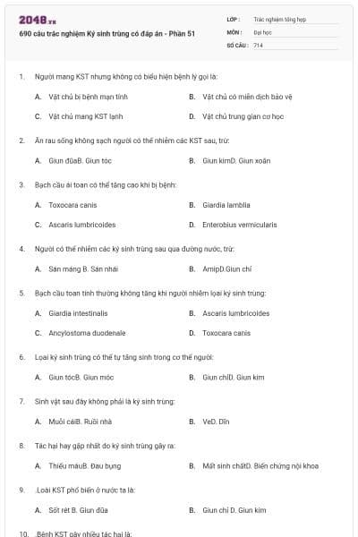 690 câu trắc nghiệm Ký sinh trùng có đáp án - Phần 51