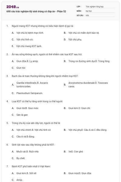 690 câu trắc nghiệm Ký sinh trùng có đáp án - Phần 52