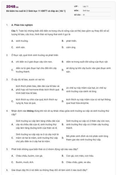 Đề kiểm tra cuối kì 2 Sinh học 11 KNTT có đáp án ( Đề 1)