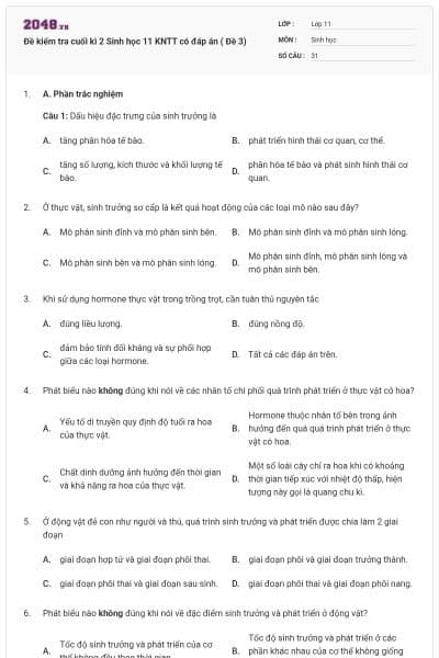 Đề kiểm tra cuối kì 2 Sinh học 11 KNTT có đáp án ( Đề 3)