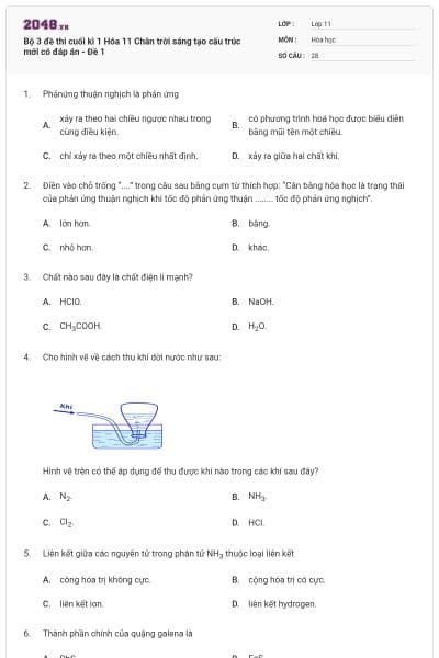 Bộ 3 đề thi cuối kì 1 Hóa 11 Chân trời sáng tạo cấu trúc mới có đáp án - Đề 1