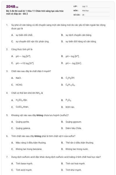 Bộ 3 đề thi cuối kì 1 Hóa 11 Chân trời sáng tạo cấu trúc mới có đáp án - Đề 2