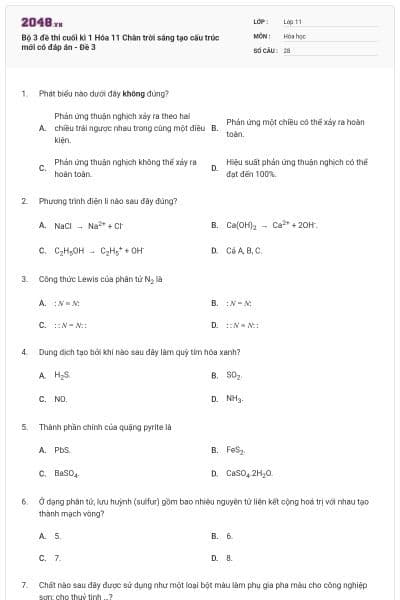 Bộ 3 đề thi cuối kì 1 Hóa 11 Chân trời sáng tạo cấu trúc mới có đáp án - Đề 3