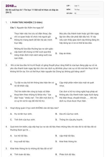 Đề thi cuối học kì 1 Tin học 11 Kết nối trí thức có đáp án (Đề 3)