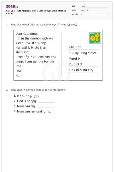 Giải SBT Tiếng Anh lớp 3 Unit 9 Lesson five: Skills time! có đáp án