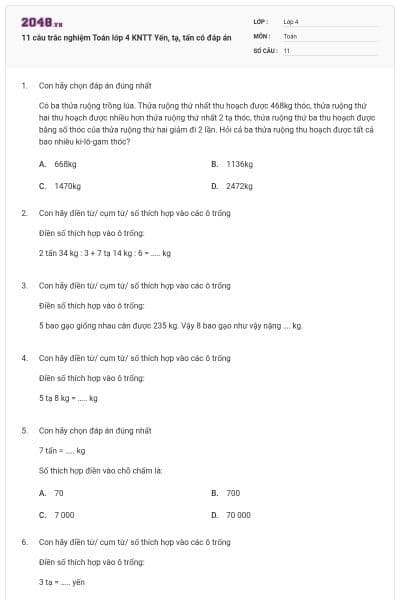 11 câu trắc nghiệm Toán lớp 4 KNTT Yến, tạ, tấn có đáp án
