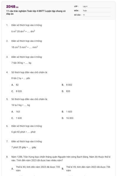 11 câu trắc nghiệm Toán lớp 4 KNTT Luyện tập chung có đáp án