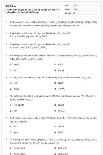 Trắc nghiệm chuyên đè Hóa 9 Chủ đề 2:Nhận biết kim loại và hợp chất của kim loại(có đáp án)