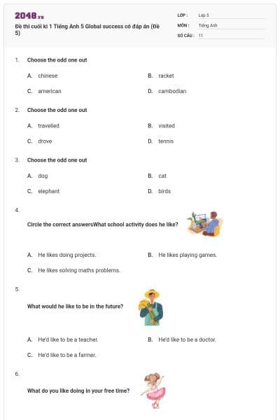 Đề thi cuối kì 1 Tiếng Anh 5 Global success có đáp án (Đề 5)