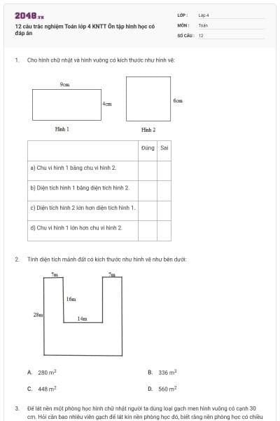 12 câu trắc nghiệm Toán lớp 4 KNTT Ôn tập hình học có đáp án