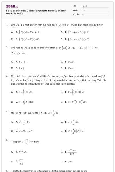 Bộ 10 đề thi giữa kì 2 Toán 12 Kết nối tri thức cấu trúc mới có đáp án - Đề 01