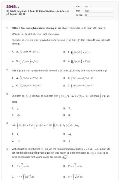Bộ 10 đề thi giữa kì 2 Toán 12 Kết nối tri thức cấu trúc mới có đáp án - Đề 02