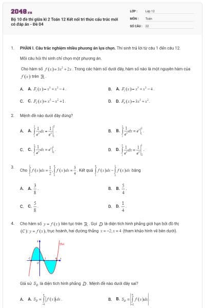 Bộ 10 đề thi giữa kì 2 Toán 12 Kết nối tri thức cấu trúc mới có đáp án - Đề 04