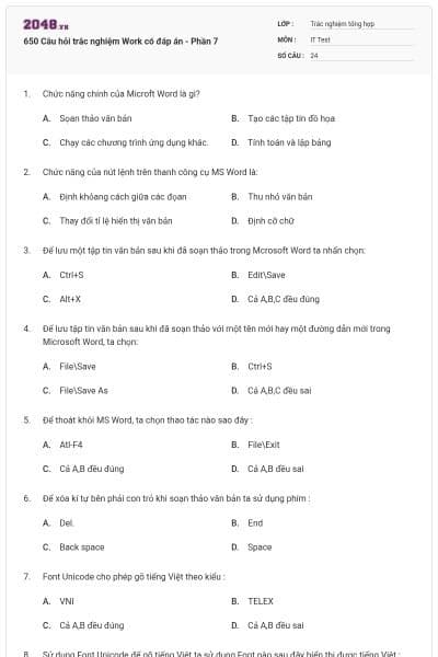 650 Câu hỏi trắc nghiệm Work có đáp án - Phần 7