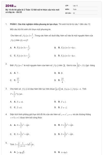 Bộ 10 đề thi giữa kì 2 Toán 12 Kết nối tri thức cấu trúc mới có đáp án - Đề 05