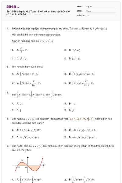 Bộ 10 đề thi giữa kì 2 Toán 12 Kết nối tri thức cấu trúc mới có đáp án - Đề 06