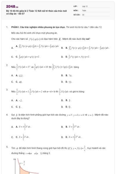 Bộ 10 đề thi giữa kì 2 Toán 12 Kết nối tri thức cấu trúc mới có đáp án - Đề 07