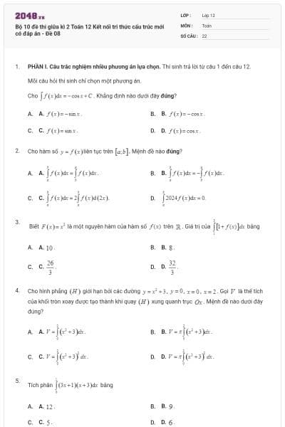 Bộ 10 đề thi giữa kì 2 Toán 12 Kết nối tri thức cấu trúc mới có đáp án - Đề 08