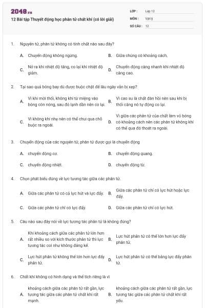 12 Bài tập Thuyết động học phân tử chất khí (có lời giải)