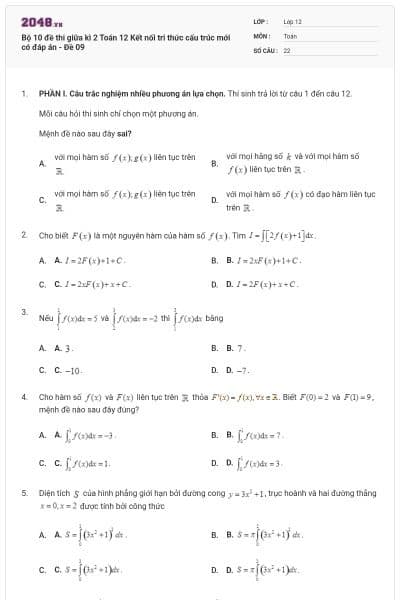 Bộ 10 đề thi giữa kì 2 Toán 12 Kết nối tri thức cấu trúc mới có đáp án - Đề 09