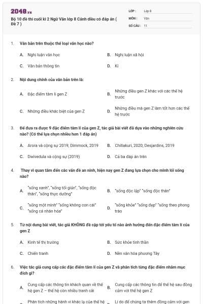 Bộ 10 đề thi cuối kì 2 Ngữ Văn lớp 8 Cánh diều có đáp án ( Đề 7 )