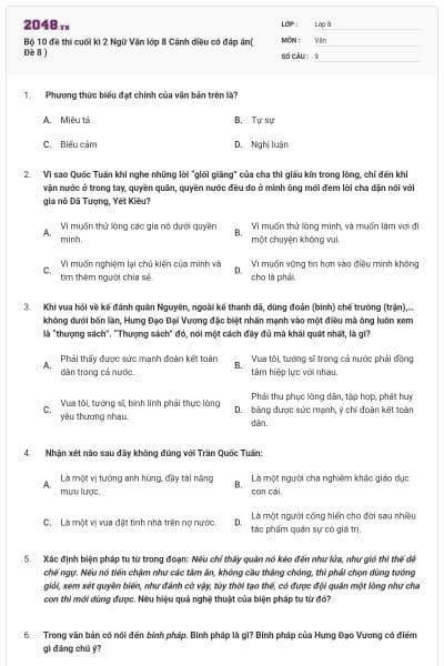 Bộ 10 đề thi cuối kì 2 Ngữ Văn lớp 8 Cánh diều có đáp án( Đề 8 )