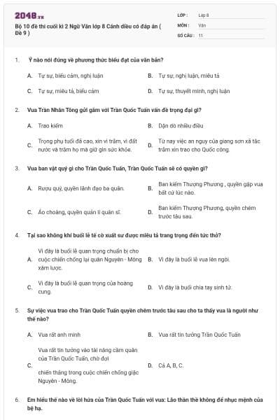 Bộ 10 đề thi cuối kì 2 Ngữ Văn lớp 8 Cánh diều có đáp án ( Đề 9 )