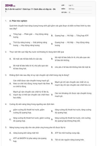 Bộ 3 đề thi cuối kì 1 Sinh học 11 Cánh diều có đáp án - Đề 1