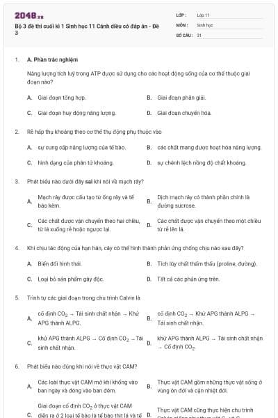 Bộ 3 đề thi cuối kì 1 Sinh học 11 Cánh diều có đáp án - Đề 3