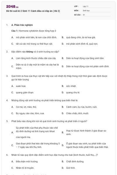 Đề thi cuối kì 2 Sinh 11 Cánh diều có đáp án ( Đề 2)
