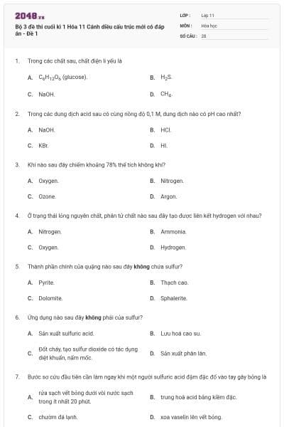Bộ 3 đề thi cuối kì 1 Hóa 11 Cánh diều cấu trúc mới có đáp án - Đề 1