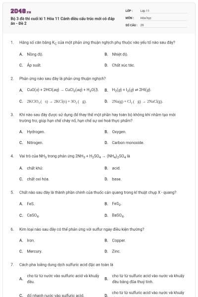 Bộ 3 đề thi cuối kì 1 Hóa 11 Cánh diều cấu trúc mới có đáp án - Đề 2