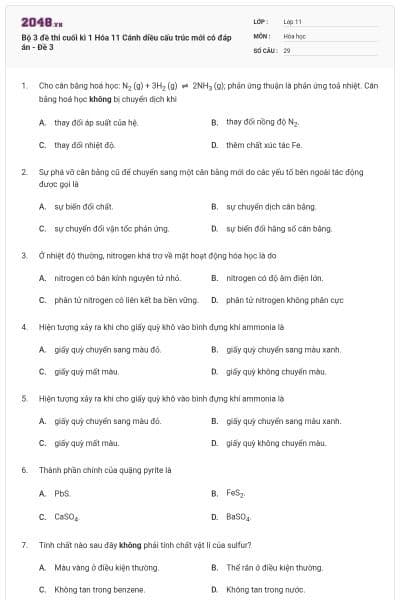 Bộ 3 đề thi cuối kì 1 Hóa 11 Cánh diều cấu trúc mới có đáp án - Đề 3