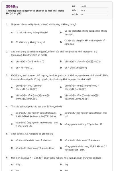13 Bài tập tính số nguyên tử, phân tử, số mol, khối lượng khí (có lời giải)