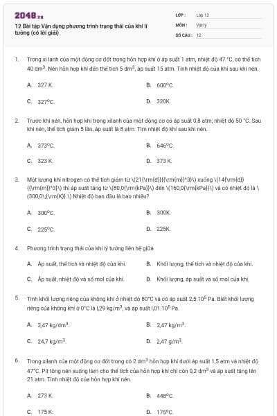 12 Bài tập Vận dụng phương trình trạng thái của khí lí tưởng (có lời giải)