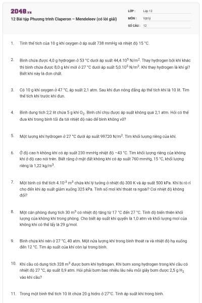 12 Bài tập Phương trình Claperon – Mendeleev (có lời giải)