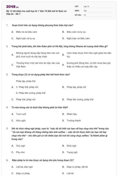 Bộ 12 đề kiểm tra cuối học kì 1 Văn 10 Kết nối tri thức có đáp án - Đề 7