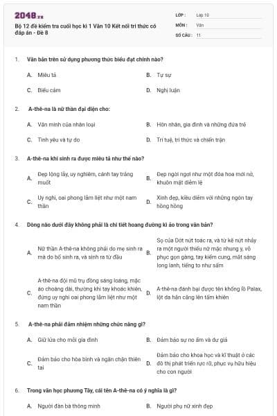 Bộ 12 đề kiểm tra cuối học kì 1 Văn 10 Kết nối tri thức có đáp án - Đề 8