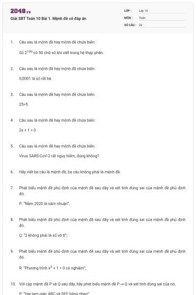 Giải SBT Toán 10 Bài 1. Mệnh đề có đáp án