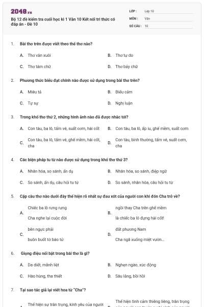 Bộ 12 đề kiểm tra cuối học kì 1 Văn 10 Kết nối tri thức có đáp án - Đề 10