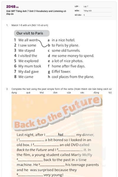 Giải SBT Tiếng Anh 7 Unit 3 Vocabulary and Listening có đáp án