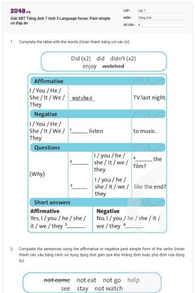 Giải SBT Tiếng Anh 7 Unit 3 Language focus: Past simple có đáp án