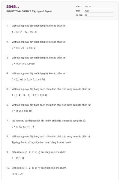 Giải SBT Toán 10 Bài 2. Tập hợp có đáp án