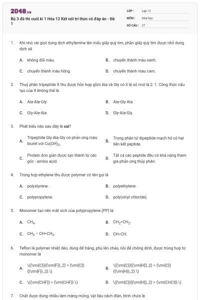 Bộ 3 đề thi cuối kì 1 Hóa 12 Kết nối tri thức có đáp án - Đề 1